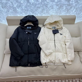 Prada new zip-up hooded down jacket with elastic waist windproof and warm-5353  